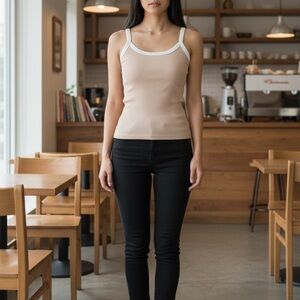 Women’s Spaghetti Strap Scoop Neck Ribbed Tank Top – Size Medium (Beige/Tan)